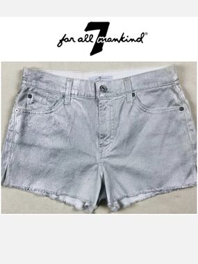 7 For All Mankind Metallic Silver Foil Cutoff Denim Shorts - Size 27 / 27P